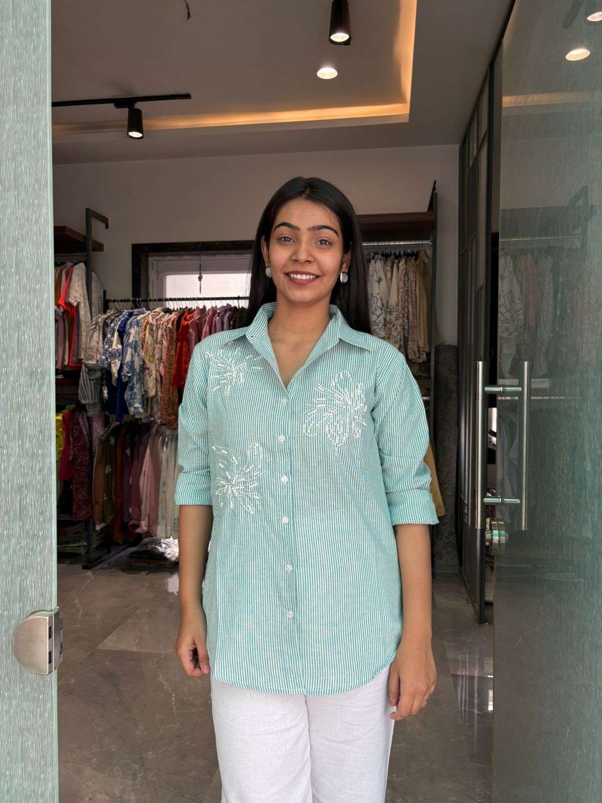 Cotton stripe beads shirt