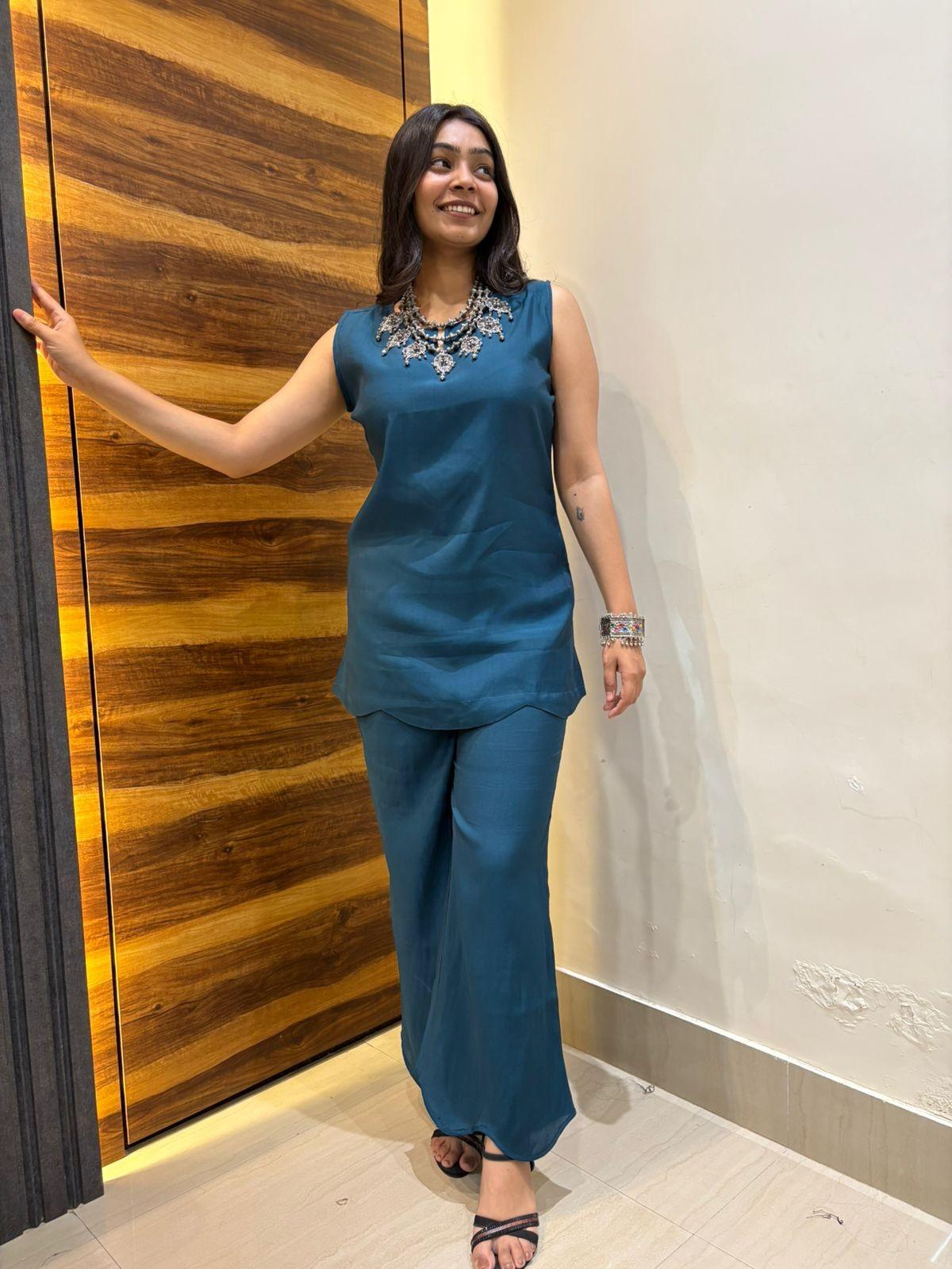 Satin solid tunic coordset