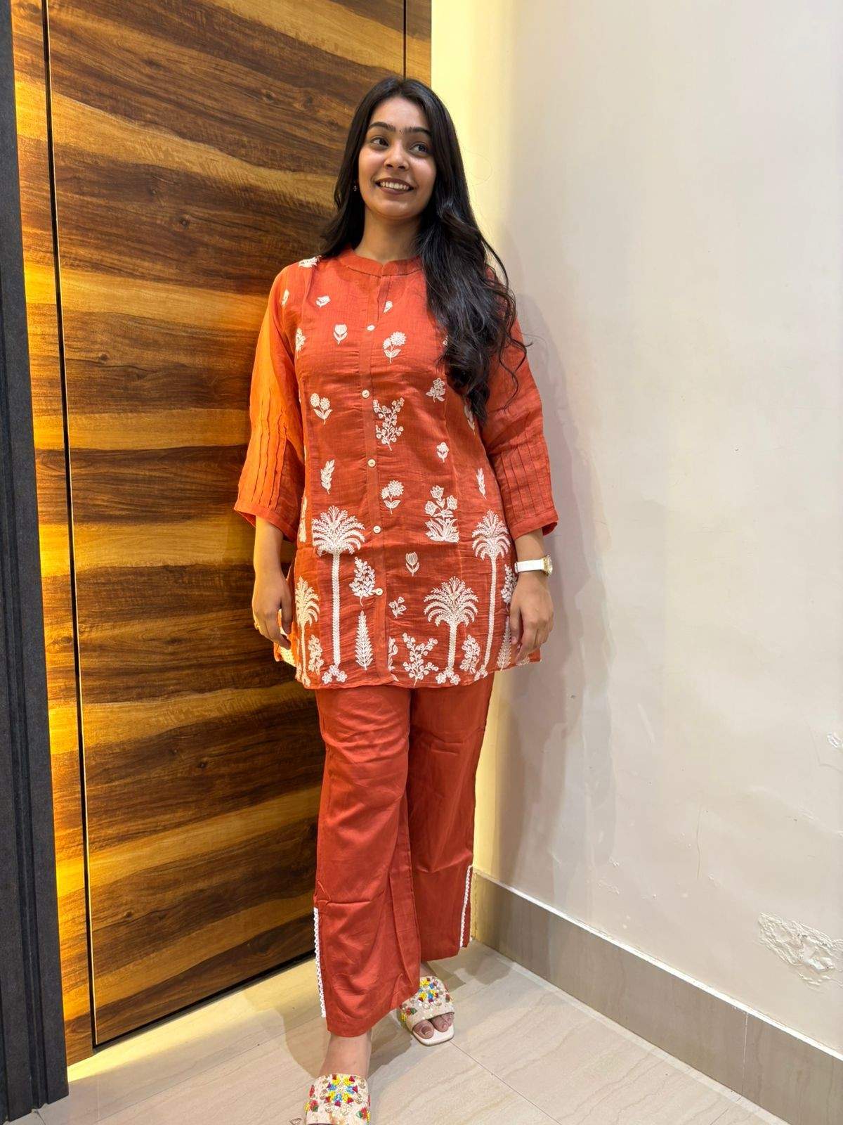 Rust chanderi embroidered cotton coordset