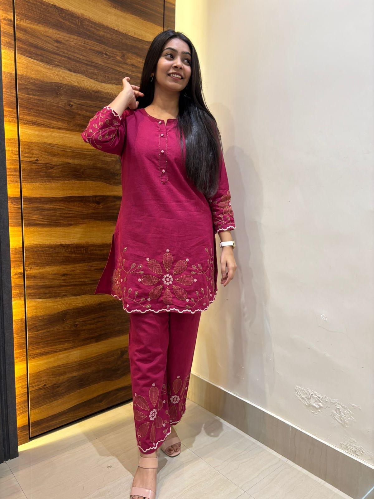 Khadi embroidered beetroot coordset