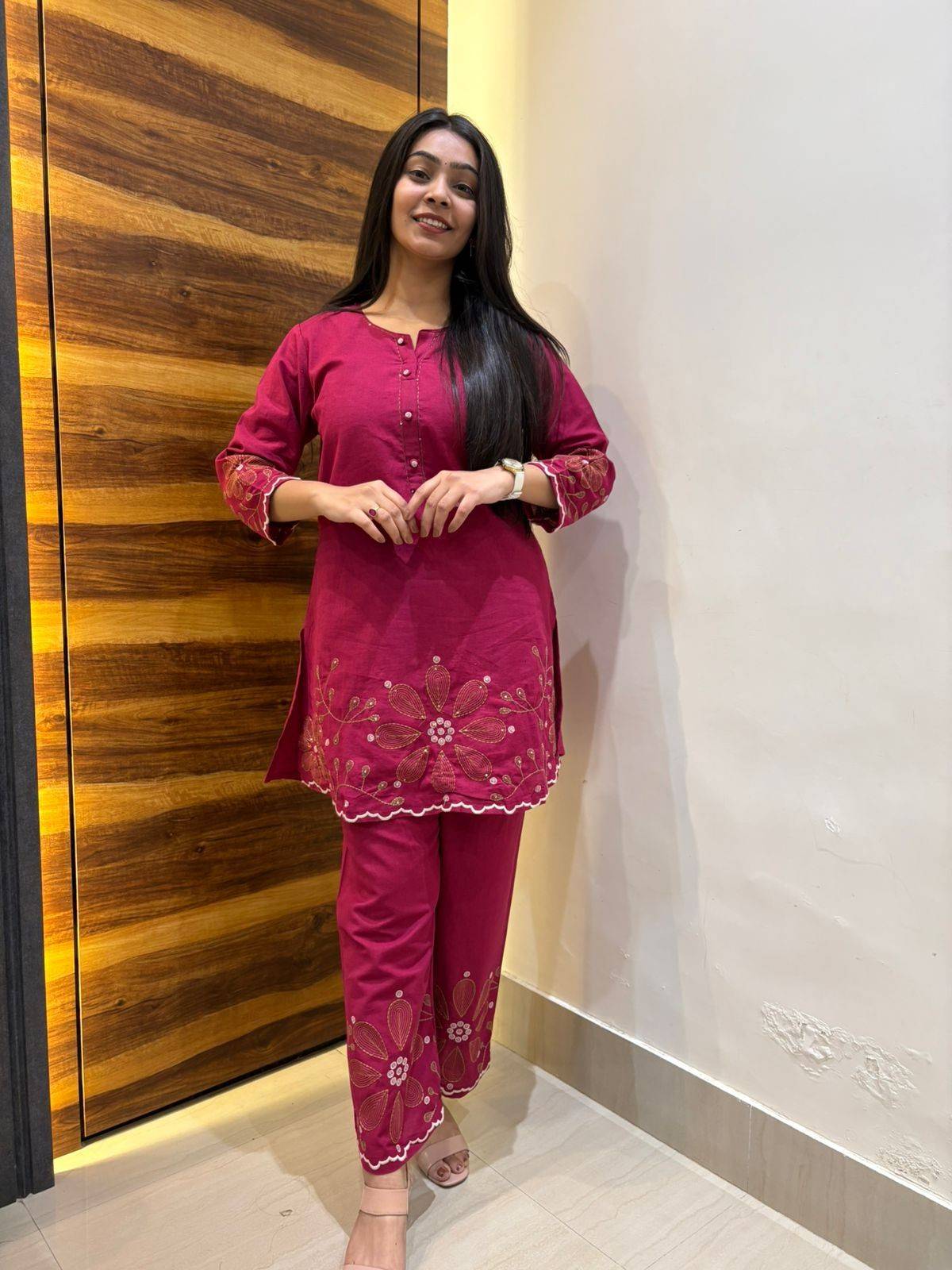 Khadi embroidered beetroot coordset